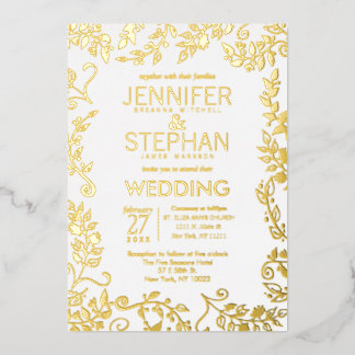 Invitación Con Relieve Metalizado Boda floral de oro real blanco elegante