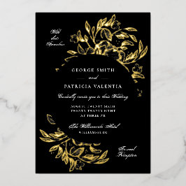 Invitación Con Relieve Metalizado Boda floral de oro real negro premium dibujada a m