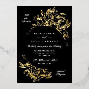 Invitación Con Relieve Metalizado Boda floral de oro real negro premium dibujada a m