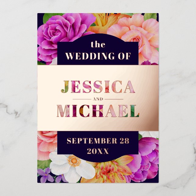 Invitación Con Relieve Metalizado Boda floral de oro rosa azul oscuro púrpura (Anverso)