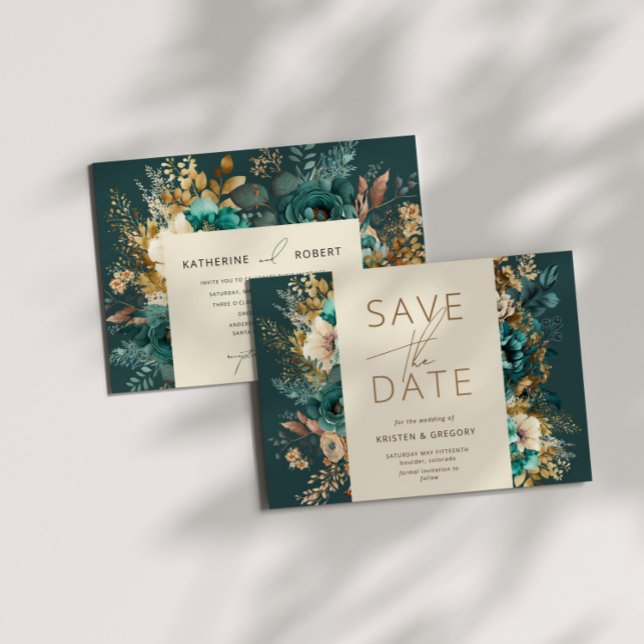 Invitación Con Relieve Metalizado Boda floral de oro Verde azulado acuarela (Subido por el creador)