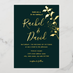 Invitación Con Relieve Metalizado Boda floral de oro verde esmeralda