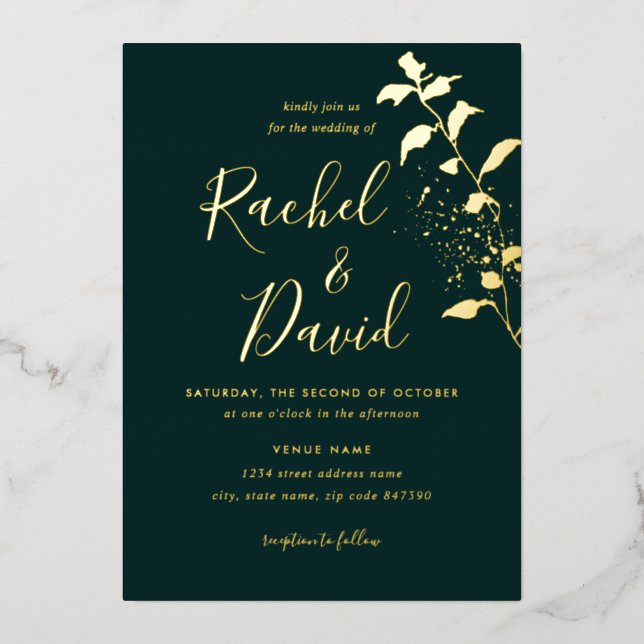 Invitación Con Relieve Metalizado Boda floral de oro verde esmeralda (Anverso)