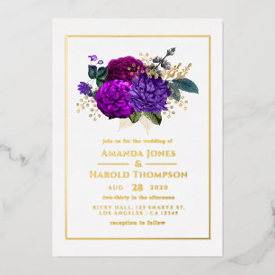 Invitación Con Relieve Metalizado Boda floral de oro y púrpura real