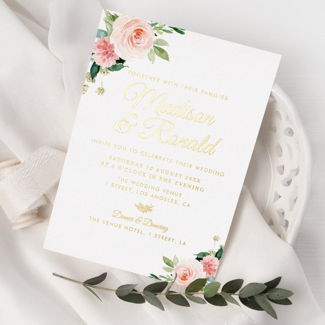 Invitación Con Relieve Metalizado boda floral de oro y rubor (Subido por el creador)