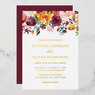 Invitación Con Relieve Metalizado Boda floral de otoño con acuarelas