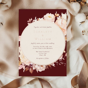 Invitación Con Relieve Metalizado Boda floral de otoño en burgundy crema con papel d