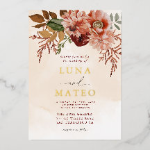 Boda floral de otoño en terracota y burdeos boho