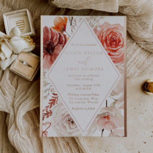 Invitación Con Relieve Metalizado Boda floral de otoño naranja y rosa dorado