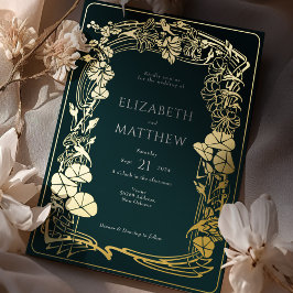 Invitación Con Relieve Metalizado Boda floral de Relieve metalizado dorado verde esm