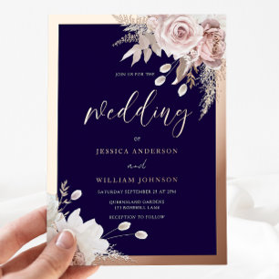Invitación Con Relieve Metalizado Boda floral de rosa dorado con foil azul marino y
