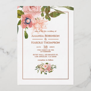 Invitación Con Relieve Metalizado Boda floral de rosa rosado y dorado
