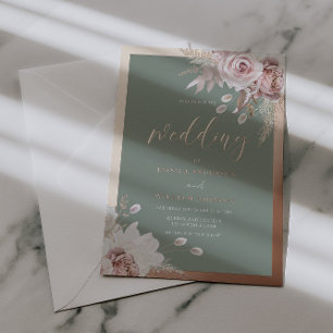 Invitación Con Relieve Metalizado Boda floral de rosa y salvia con borde de lámina d