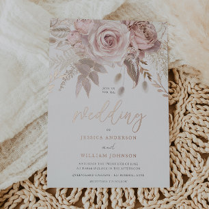 Invitación Con Relieve Metalizado Boda floral de rubor impresionante de oro rosa rea