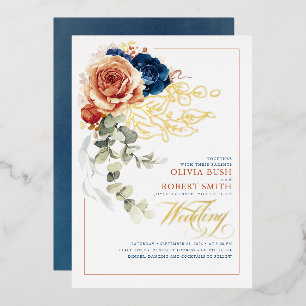 Invitación Con Relieve Metalizado Boda Floral de Terracota Naranja Quemada Azul Mari