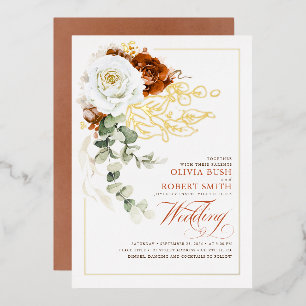 Invitación Con Relieve Metalizado Boda floral de terracota quemada naranja y blanco