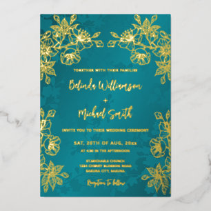 Invitación Con Relieve Metalizado Boda floral de tono de joya de oro