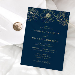 Invitación Con Relieve Metalizado Boda Floral Delicada Azul Marino