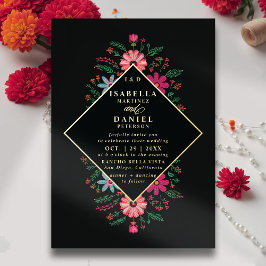 Invitación Con Relieve Metalizado Boda Floral Dorada Moderna y Elegante de Rancho Me
