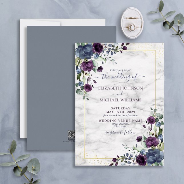 Invitación Con Relieve Metalizado Boda Floral Dusty Blue Purple Gold (Subido por el creador)