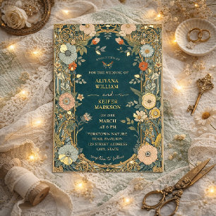 Invitación Con Relieve Metalizado Boda floral elegante Art Nouveau en azul verde y d