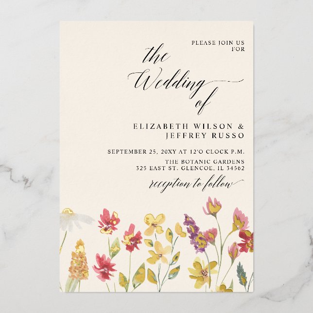 Invitación Con Relieve Metalizado Boda Floral Elegante Boho Summer Wildflowers (Anverso)