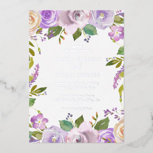 Invitación Con Relieve Metalizado Boda floral elegante con acuarela de lila