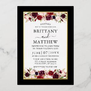 Invitación Con Relieve Metalizado Boda floral elegante de acuarela en negro y dorado