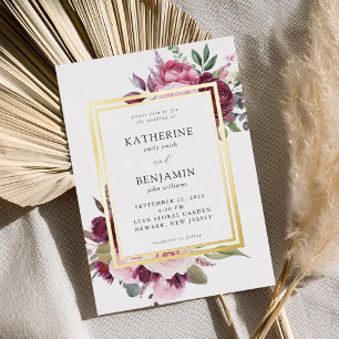 Invitación Con Relieve Metalizado Boda floral elegante de color burdeos y rosa
