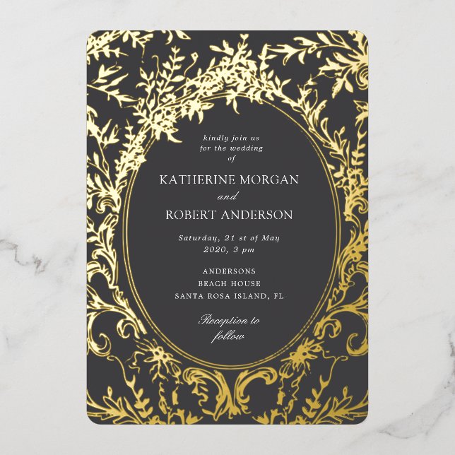 Invitación Con Relieve Metalizado Boda floral elegante de época francesa (Anverso)