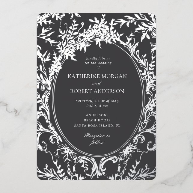 Invitación Con Relieve Metalizado Boda floral elegante de época francesa (Anverso)