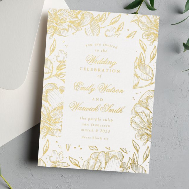 Invitación Con Relieve Metalizado Boda floral elegante de mano con presión dorada (Subido por el creador)