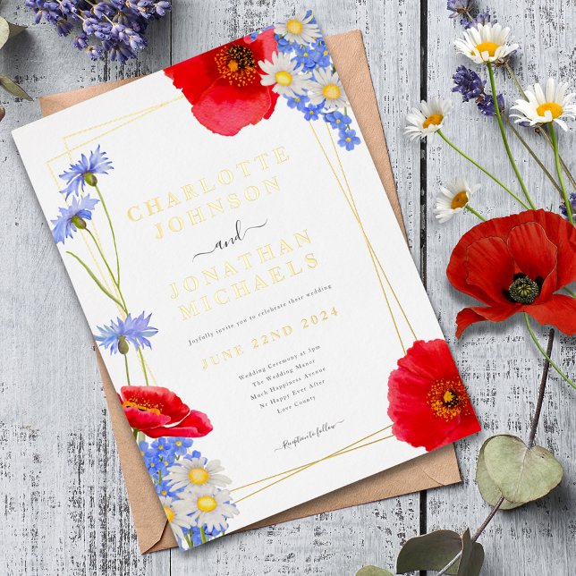 Invitación Con Relieve Metalizado Boda floral elegante de oro verde moderno (Modern wildflower gold foil geometric wedding invitation with red poppy and blue cornflower )