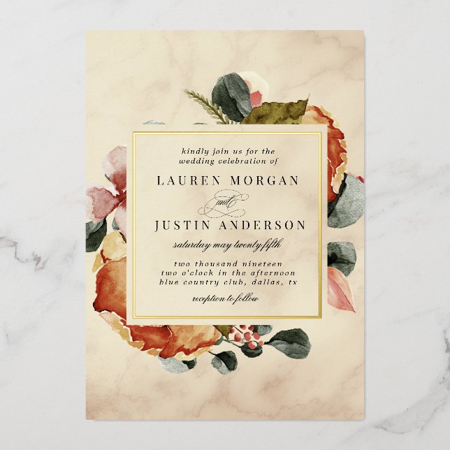 Invitación Con Relieve Metalizado boda floral elegante de otoño (Anverso)