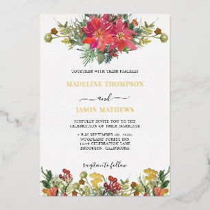 Invitación Con Relieve Metalizado Boda floral elegante de poinsettia y bayas de aceb