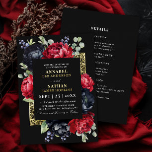 Invitación Con Relieve Metalizado Boda floral elegante de rojo y negro temperamental