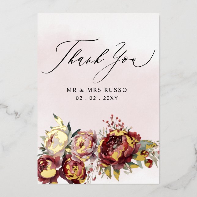 Invitación Con Relieve Metalizado Boda floral elegante de Rubor en Borgoña (Anverso)