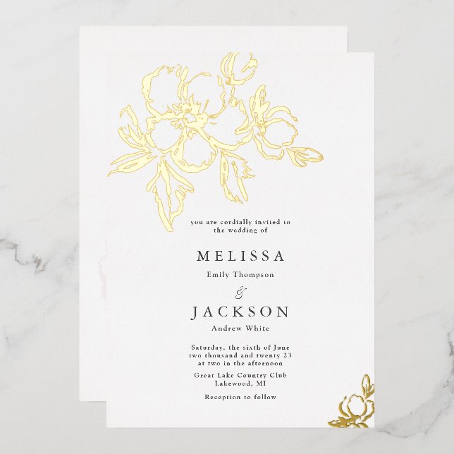 Invitación Con Relieve Metalizado Boda floral elegante florece (Anverso/Reverso)