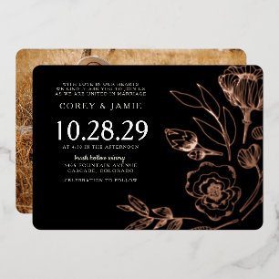 Invitación Con Relieve Metalizado Boda floral elegante y negro