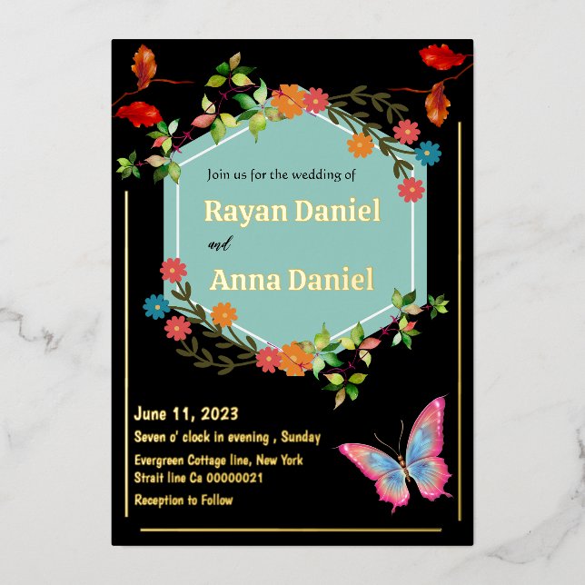 Invitación Con Relieve Metalizado Boda floral elegante y neutro (Anverso)