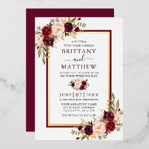 Invitación Con Relieve Metalizado Boda floral en acuarela Burgundy y oro