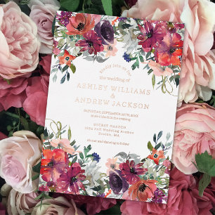 Invitación Con Relieve Metalizado Boda floral en acuarela de color burgundy y rosa o