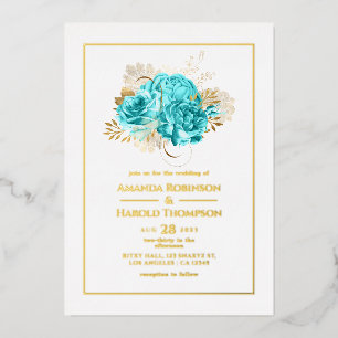 Invitación Con Relieve Metalizado Boda floral en azul acuático y dorado