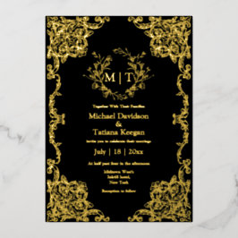 Invitación Con Relieve Metalizado boda floral en monograma botánico dorado y negro
