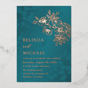 Invitación Con Relieve Metalizado Boda floral en rosa oro y turquesa