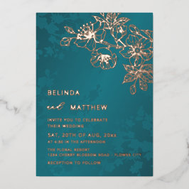 Invitación Con Relieve Metalizado Boda floral en rosa oro y turquesa