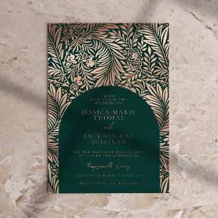 Invitación Con Relieve Metalizado Boda Floral Esmeralda Verde y Rosa Dorado