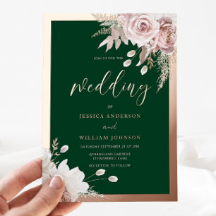 Invitación Con Relieve Metalizado Boda floral esmeralda y rubor con lámina de oro ro