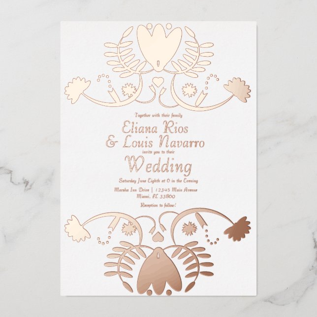 Invitación Con Relieve Metalizado Boda floral folclórica mexicana moderna presionado (Anverso)