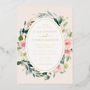 Invitación Con Relieve Metalizado Boda Floral Foliage Rubor Oro